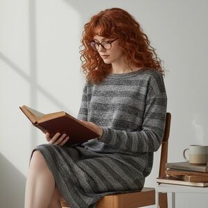 Lou & Grey Heathered Gray Stripe Drop Waist Stretchy Dress Size S